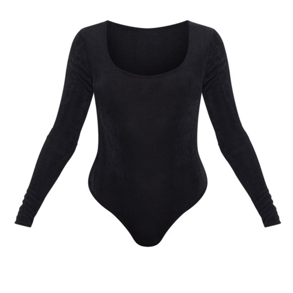 Pretty Little Thing BLACK ACETATE SLINKY SCOOP NECK LONG SLEEVE BODYSUIT - Picture 3 of 7
